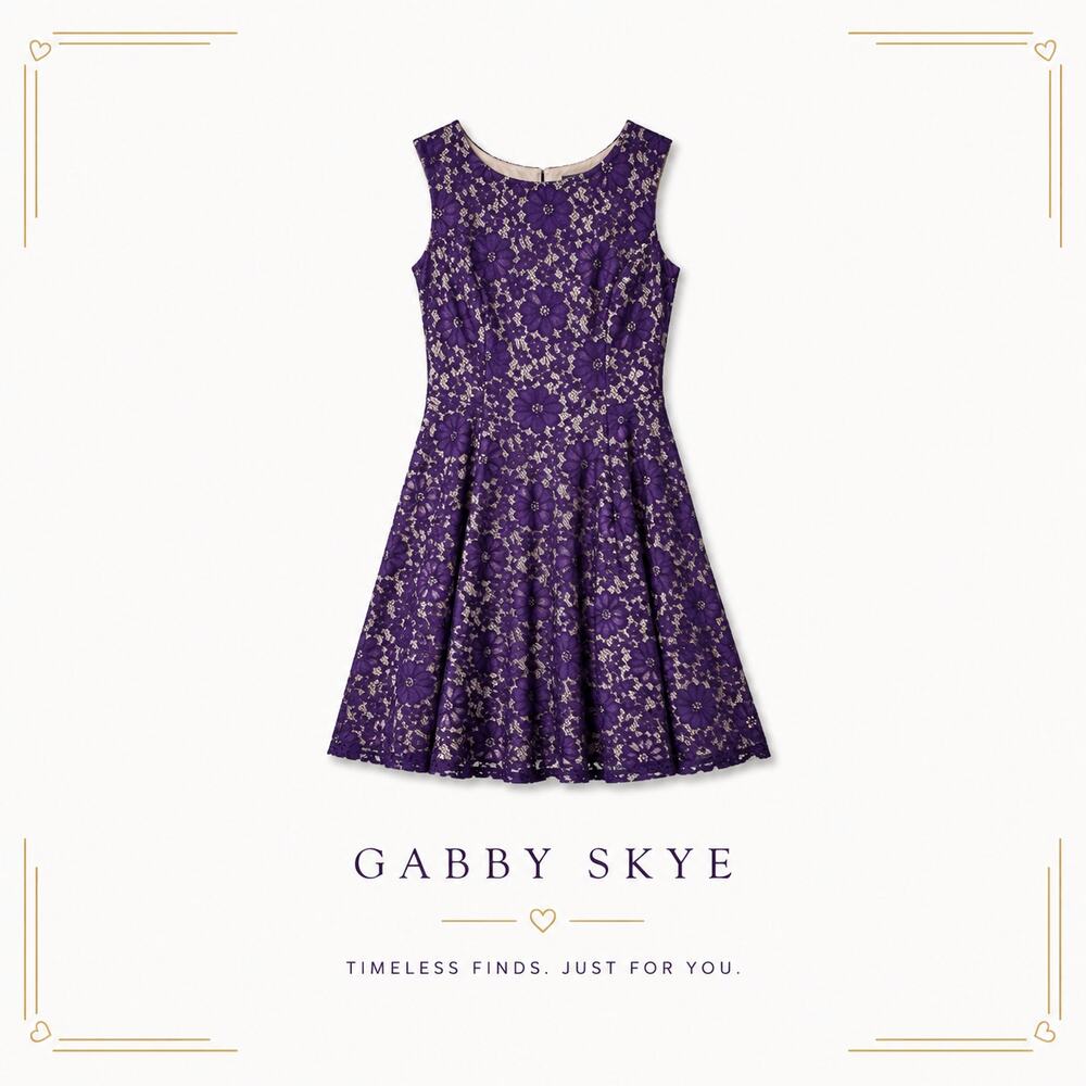 Gabby Skye Size 6 Fit & Flare Dress Floral Lace Beige Lined Purple Sleeveless